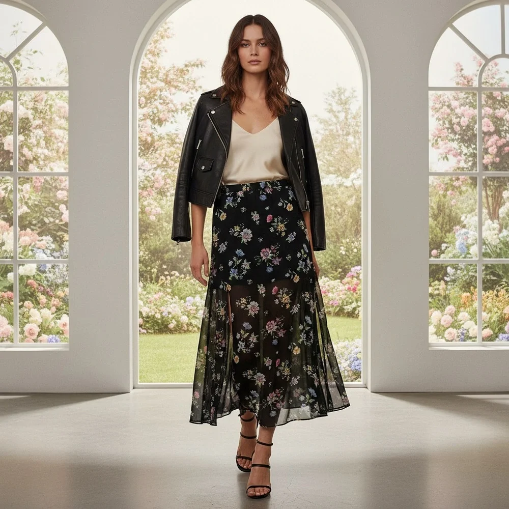 H&M Divided Sheer Floral Printed Maxi Slip Skirt Leg Slit Elastic Waist Large
